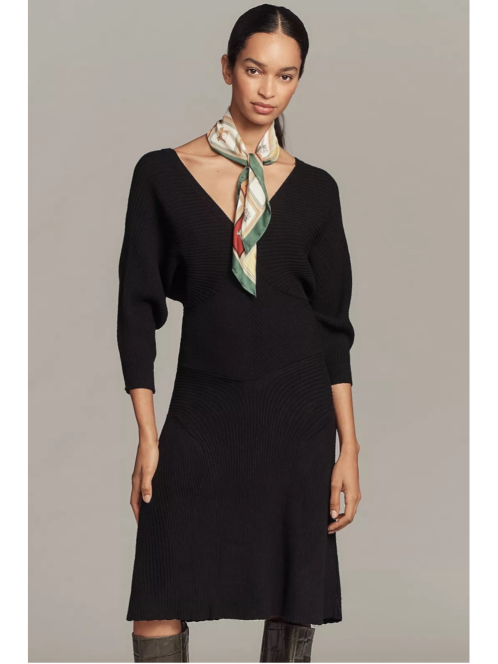 NWT By Anthropologie Smocked Waist Ribbed Sweater Dress Black Onyx XS